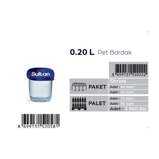 Palet SULTAN 60'lı 200 ml Pet Bardak Su (72 Koli)